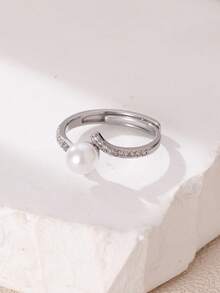 Nooxian 1pc Adjustable Women's Simple Faux Pearl & Zirconia Couple Rings - Silver - View 7