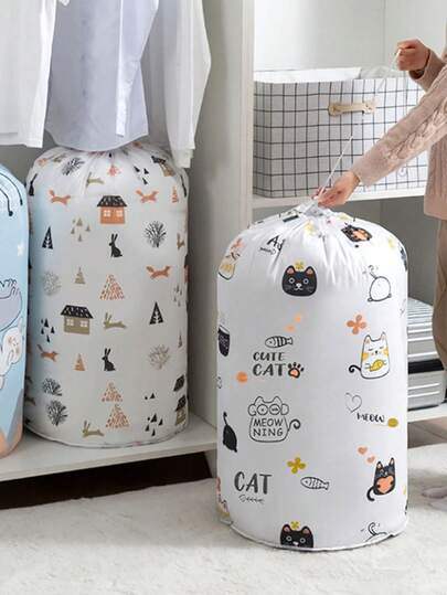 1pc Large Capacity Cylindrical Pull Cord Storage Bag, Colorful Cartoon Printed Storage Bag Suitable For Household Rooms And Closets, Dust-Proof, Space-Saving And Durable Storage Bag For Clothes, Quilts, Space Saving Storage Bag, Storage Bag, Multi-Functional Storage Bag, Large Capacity Storage Bag