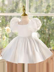 Young Girl White Smooth Satin Puff Sleeve Beads Embellished Fluffy Dress With Back Bow Decoration, Suitable For Birthday Parties, Hosts, Stage Performances, Various Festivals And Important Occasions, The Skirt Is Very Cute And Looks Very Elegant After Wearing It,Girls Gift, The First Choice For Gift Giving
