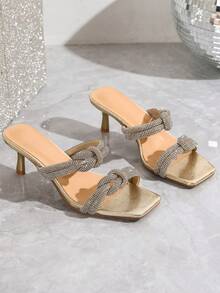 Women's Sparkly Rhinestone Decorated High Heel Ankle Strap Sandals, New Style 2024 - Gold - View 6