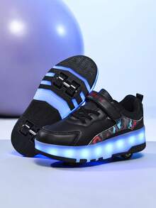 新款儿童LED轮滑鞋，四轮可充电伸缩轮，发光皮革设计，可爱撞色魔术贴运动鞋，四季皆宜，男女童LED闪光轮滑鞋