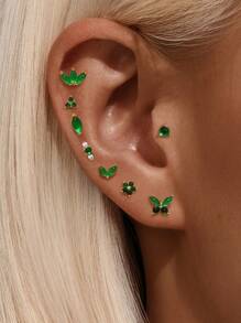 1PC 925 Sterling Silver Green Gemstone Marquise Flat Back Cartilage Helix Piercing Fine Jewelry For Daily Wear Wedding Party Engagement Anniversary Valentine's Day