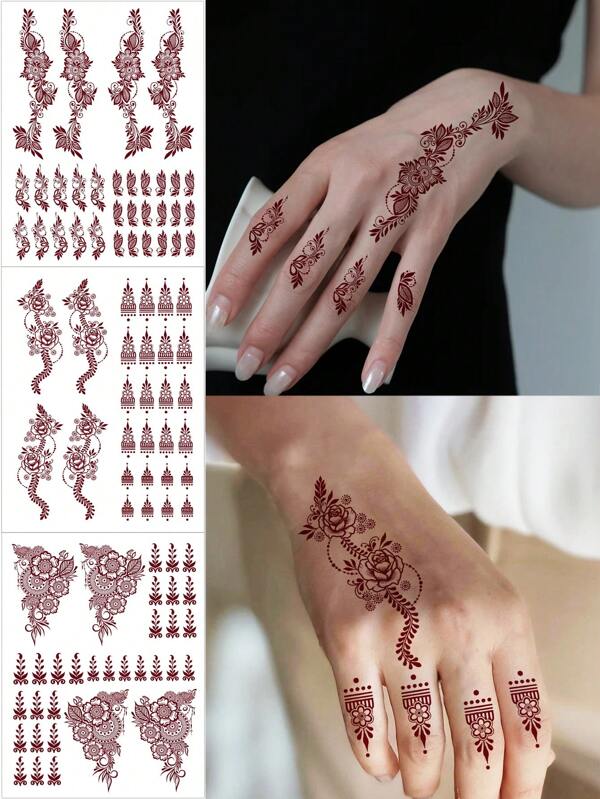 1 feuille d'autocollants de tatouage de fleur pour femmes, tatouage temporaire jetable et imperméable pour la main, le pied et la décoration corporelle, petits motifs de fleurs bordeaux type henné pour les festivals et le mariage body art