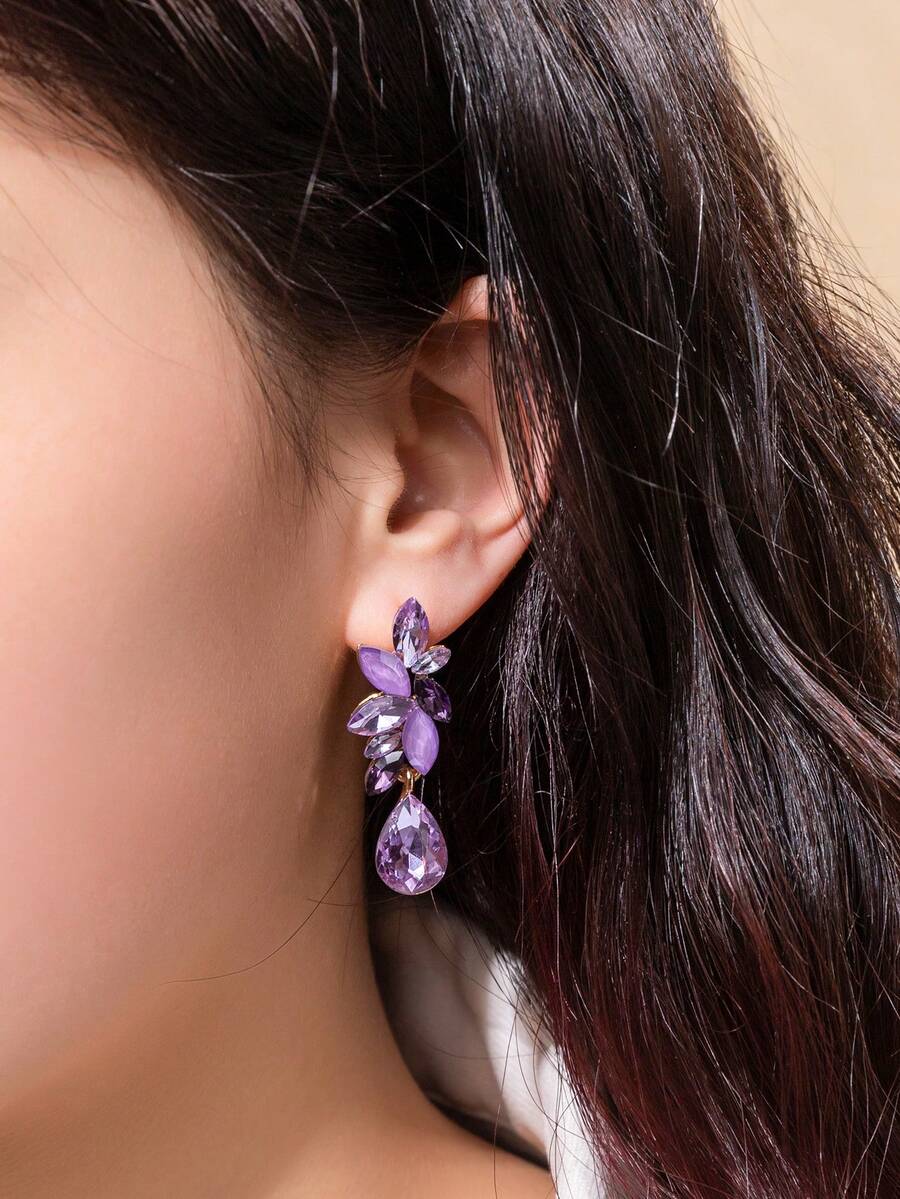 1 对女士泪珠形花卉水钻耳环，适合外出 - 紫色 - 查看 1