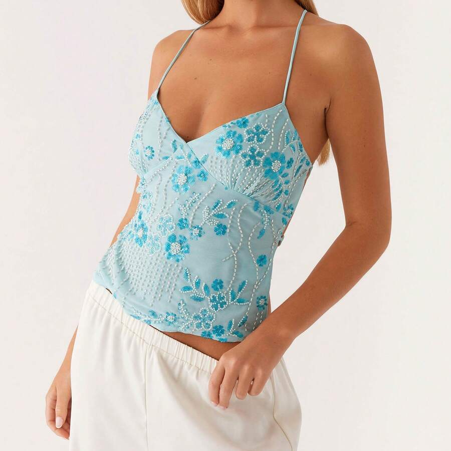Women Y2K Sequin Cami Top Sexy V Neck Open Back Criss Cross Straps Tank Cute Sparkle Backless Low Cut Crop Tops Summer Basics Going Out Tops Streetwear - Màu xanh lam - Xem 1