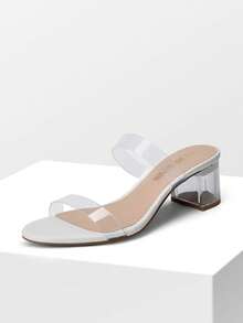 Summer New Plus Size Wide Fit Women's Sandals, Transparent Glass Chunky Heel Sandals, Fashion Comfortable Open Toe Slippers - 白色 - 查看 1