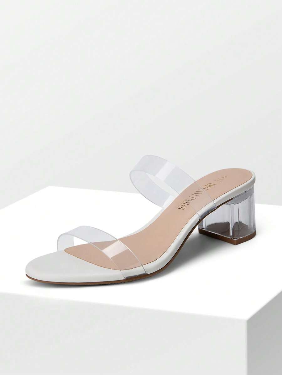 Summer New Plus Size Wide Fit Women's Sandals, Transparent Glass Chunky Heel Sandals, Fashion Comfortable Open Toe Slippers - 白色 - 查看 1