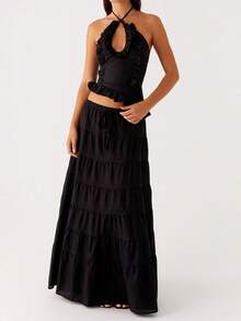 Women's Summer Casual 2 Piece Skirt Outfits Halter Neck Ruffle Trim Tops Long Flowy Skirt Set - 黑色 - 查看 1