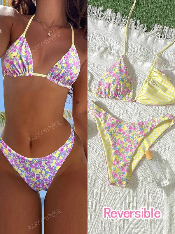 Women's Beachwear Summer Vacation Outfits, Yellow Floral Gingham Printed Bikini Reversible Swimwear Beachwear Fashionable Swimsuit Beachwear
