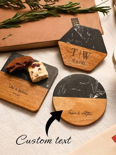 1pc Custom Carved Coasters, Custom Marble Wooden Coasters, Custom Text Coasters, Wedding Carved Coasters, Housewarming, Wedding, Engagement Gifts, Personalized Gifts, Suitable For Mother's Day, Father's Day Gifts, Anniversary, Valentine's Day, Party Birthday, Wedding Gifts, Gifts For Mom And Dad, Best Friends