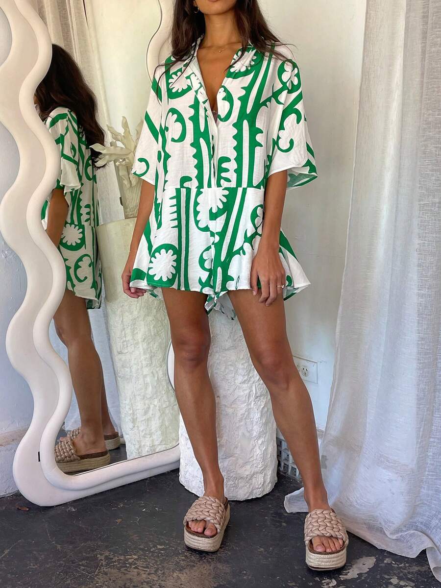 Women's Summer Short Boho Jumpsuit Half Sleeve Lapel Button Up Pattern Print Playsuit - màu xanh lá - Xem 1