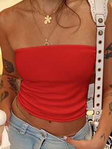 Women's Summer Sexy Strapless Basis Vest Double Layered Thickened Opaque Fashion Solid Elastic Slim Fit Tube Top For Women Four Seasons Wear - 紅色 - 查看 8