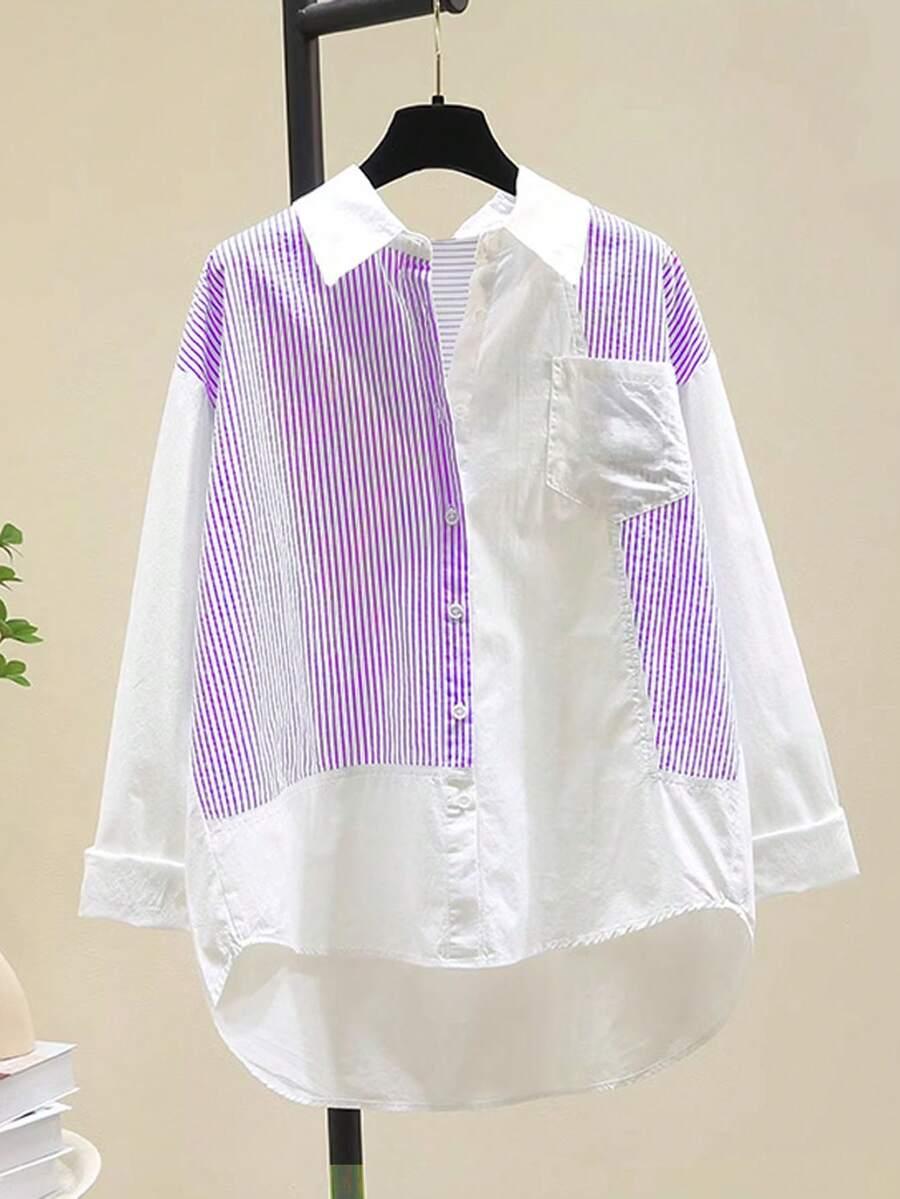 Striped Patchwork Design Casual Loose Blouse Shirt, Fashionable For Women, Spring/Autumn