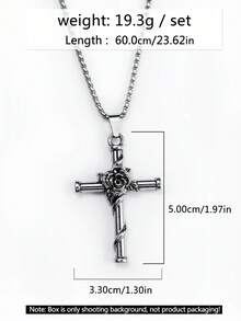 1pc Casual Rose Cross Pendant Necklace Suitable For Men & Women, Stainless Steel Jewelry, Cross Necklace, Vintage Simple Design Long Stainless Steel Pendant, Family Holiday Gift, Daily Wear For Men & Women - Antique Silver - View 5