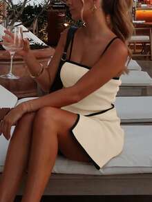 春夏女装，浪漫优雅，拼色露肩针织迷你 Y2k 吊带背心裙，女士夏季服装 - 白色 - 查看 6