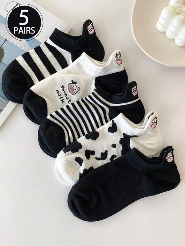 5 Pares (Estilo Aleatório) Meias Baixas Femininas com Estampa de Vaca Preta e Branca de Estilo Cartoon, Meias Tornozelo Estilo Japonês Fofo, Primavera/Verão