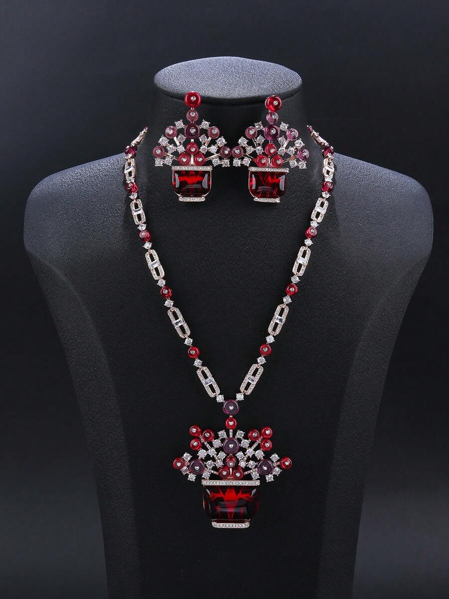 1 Set Of 3pcs Luxurious Cubic Zirconia Flower Design Necklace And Earrings Set, Fashionable Personalized Long Necklace Matching Dress Accessories, Holiday Birthday Valentine's Day Jewelry Gift - Deluxe Suit - View 1