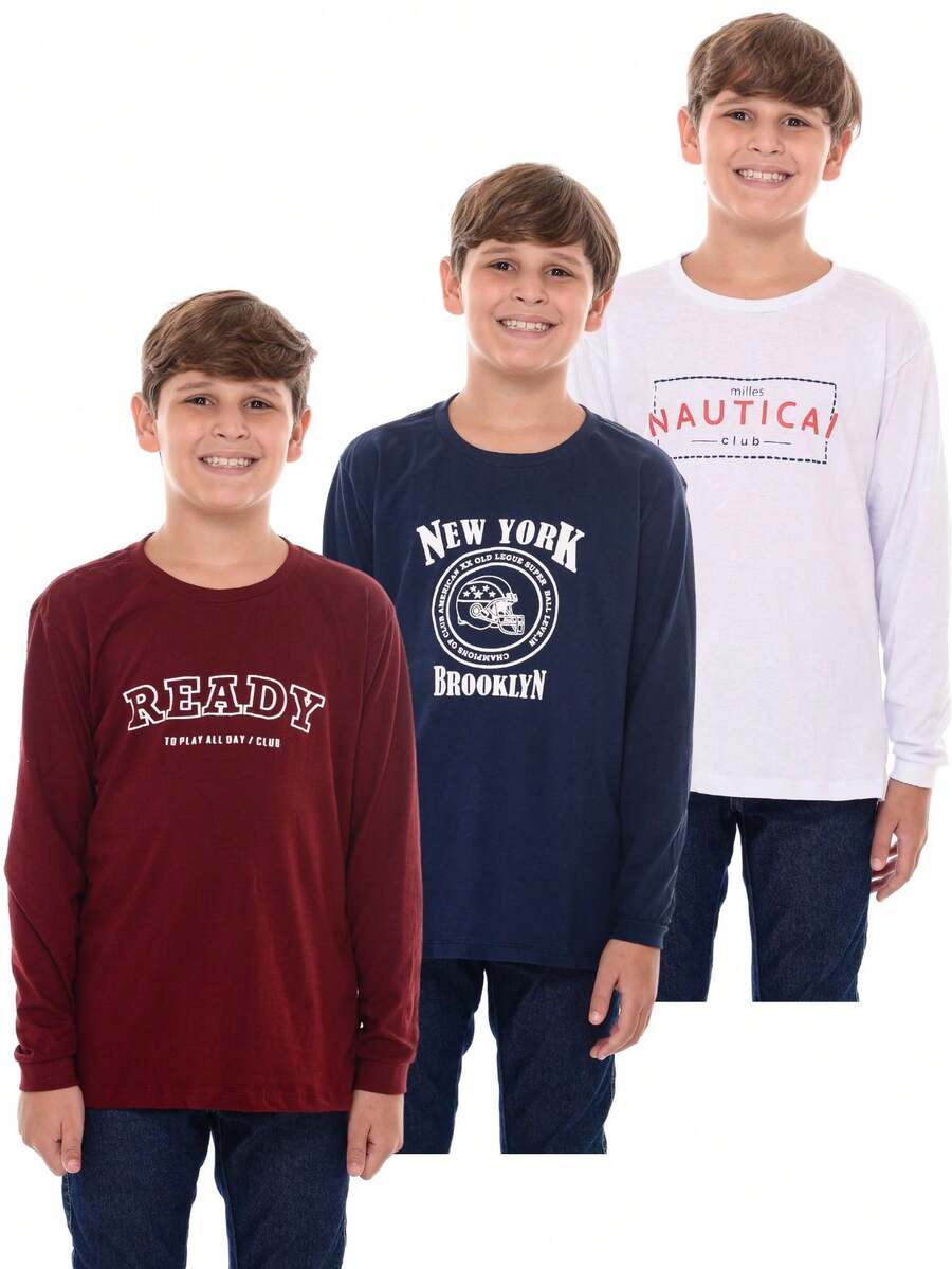 Kit 3 Long Sleeve T-Shirts For Boys, Teens, And Children, Printed - Nhiều màu - Xem 1