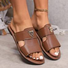 Wide Fit Women 2025 Summer New Fashionable Versatile PU Leather Cheetah Print Decor Flat Sandals, Soft Bottom Comfortable Non-Slip, Suitable For Summer Vacation And Daily Wear