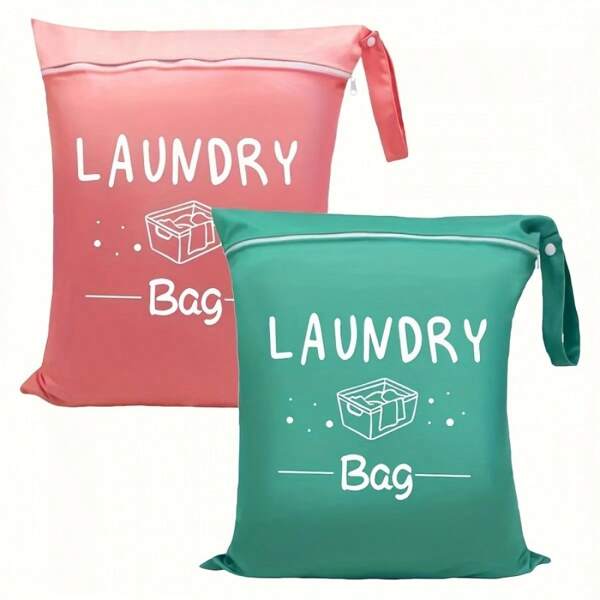 2pcs Travel Laundry Bag - Durable Polyester Fiber, Wet/Dry Separated, With Drawstring Closure, Suitable For Gym, Yoga, Swimming, Etc. | Fresh Red & Green Color Laundry Bag | Secure Zipper Closure