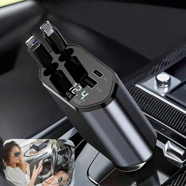 120W Compatible 4-In-1 Fast Charging Car Charger With Retractable Cable 31.5 Inch/2.6ft And USB And Type-C Dual Port Output Car Charger Adapter, PD Fast Charging And QC3.0, Suitable For 15/15 Pro Max/14 Pro Max/13/12/11, Etc., Compatible With S23/22, Pixel, Etc. - Without Battery ﻿