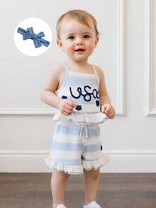 Baby Girl Fourth Of July Outfits Sleeveless Ruffle Tank Tops + Shorts Set Toddler Clothes - Blue - View 3