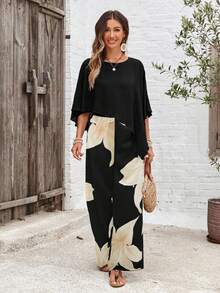 Set de 2 piezas para mujer: top casual de verano con borde asimétrico y pantalones con estampado floral