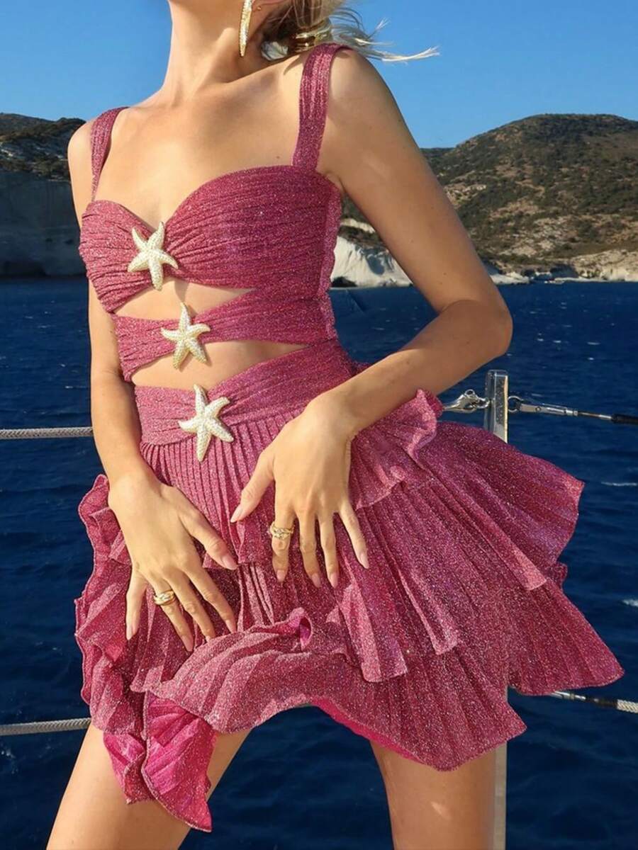 Women's Y2K Mini Tank Dress Slim Fit Sleeveless Cami Dress Front Cutout Starfish Decor Tiered Bodycon Camisole Summer Vacation Beach Streetwear - Màu đỏ tím - Xem 1