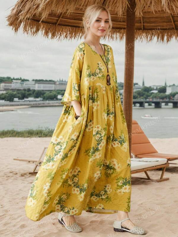 Top, Women's Dress, 2025 Women's Plus-Size Dress, Everyday Wear, Printed Dress, Summer Crew-Neck Short-Sleeved Casual Loose Dress, Beach Holiday Dress