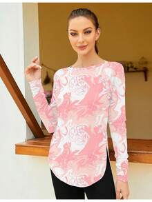 ZHENWEI Women's Long Sleeve Sun Shirt UV Protection Workout Tops Lightweight UPF 50+ Golf Gym Hiking Shirts Outdoor Clothing - 白色粉紅色印花 - 查看 3