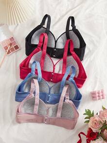 4 件女士舒适睡眠无钢圈软杯纯色 Bralette 内衣文胸 - 彩色 - 查看 2