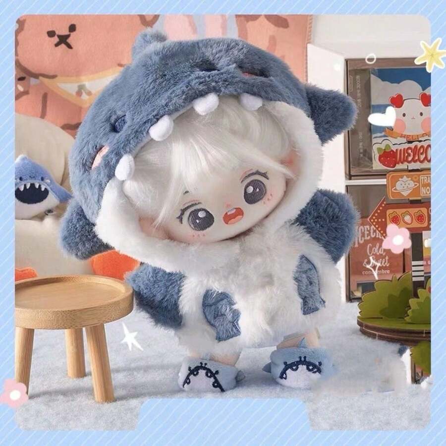 20cm Doll Shark Hoodie Outfit, Warm Doll Clothes, Shark Hooded Jacket (Doll Style Randomly Sent, Doll Not Included)