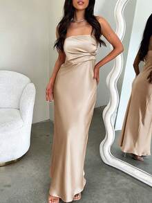 Look Polly Women's Romantic Valentine's Day Dress, Suitable For Spring/Summer Weddings, Carnivals, Singles Parties, Banquets - Elegant, Sexy, Solid Color, Bodycon, Backless, Sleeveless, Maxi Length, High-End Dark Green Maxi Dress - Champagne - View 3