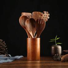 8PCS/7PCS/1PC Wooden Kitchen Cooking Utensils, 8 Pcs Natural Teak Wooden Spoons Spatulas And Wooden Storage Barrel For Non-Stick Pan - Brown - View 4