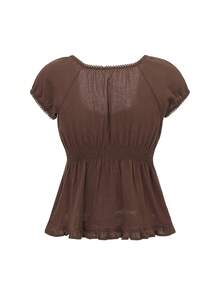 Women Y2K Fairy Grunge Crop Top Vintage Aesthetic Puff Short Sleeves Slim Babyboll Shirt Cute Coquette Top Clothes - 棕色 - 查看 7
