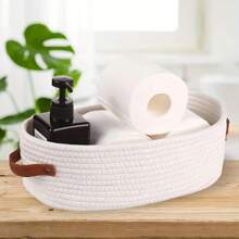 1pc Woven Storage Basket With Handle, Multi-Purpose Desktop Organizer Box, Bathroom Toilet Paper Holder, Dual Handle Office Desk Home Storage Basket
