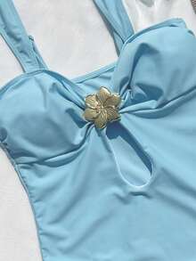 Sexy One-Piece Ruffle Metal Decor Women's Swimsuit, Stylish European & American Design - Blue - View 3