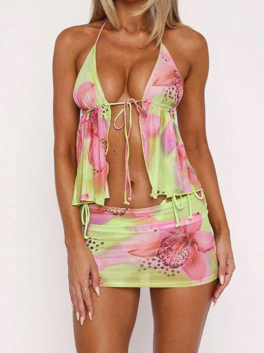 Women's Summer Mesh Mini Skirt Sets Floral Open Front Tie Up Halter Crop Top Blouse Shirt And Mini Skirt Set - Nhiều màu - Xem 1
