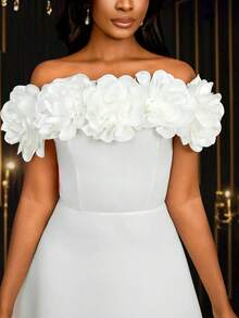 Vestido corto mini sin tirantes de flores 3D aplicadas en blanco para mujer - Vestido de novia, vestido de graduación