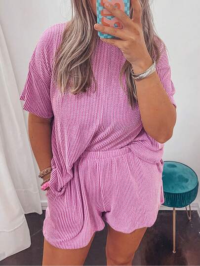 2pcs Plus Size Women Ribbed Knit Loose T-Shirt And Shorts Set Elegant Summer