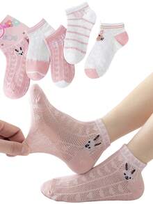 5 Pairs Heart & Rabbit Mesh Thin Kids Socks, "HAPPY, BABY" - Pink - View 2