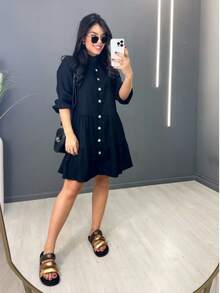 Midi Dress Chamise Shirt Button Beachwear Flared Plain Linen Fashion Blogger Long Sleeve 08 - Black - View 1