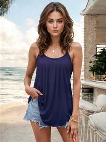 Blusa Basica con Tirantes con Cuello Redondo Holgada - Azul Marino - Ver 3