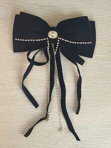 New Burgundy Velvet Rhinestone Faux Pearl Tassel Oversized Bow Ribbon Hair Clip, Elegant Clamp For Hairstyle, Hair Accessory For Women Valentine's Day Valentines,Hair Barrettes Hair Clips Claw Clips Hair Claws