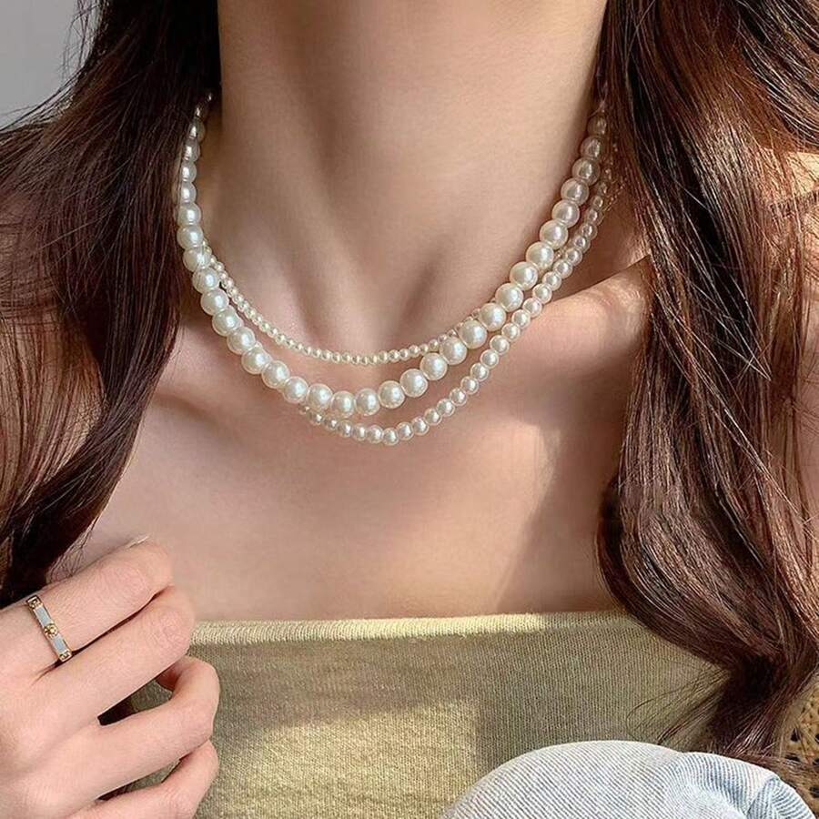 3pcs Multi-Layer Pearl Necklace, Elegant & Refined Round Faux Pearl Necklace, Suitable For Women Wedding Jewelry Gift - White - View 1