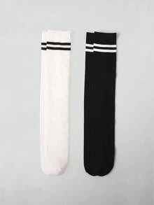 2 Pairs Girls Simple School Style Versatile Over-The-Knee Long Socks - Black and White - View 6