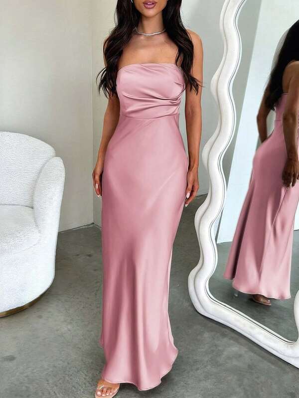 Robe longue rose vif sans bretelles, style élégant et sexy, coupe moulante, adaptée pour les mariages, les carnavals, les soirées célibataires et les banquets. Convient pour le printemps/été.