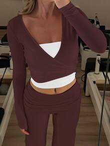 Ballet Wrap Tie Top Women Pilates Workout Yoga White Cross Wrap Top Y2k V Neck Long Sleeve Slim Fitted Self Tie T-Shirts Tops - 棕色 - 查看 5
