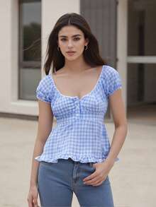Women Y2K Fairy Grunge Crop Top Vintage Aesthetic Puff Short Sleeves Slim Babyboll Shirt Cute Coquette Top Clothes - 藍色 - 查看 2