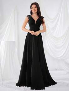 UNITHORSE V-Neck Ruffle Sleeve Pleated Leaf Net Mesh Splice Party Evening Dress (Random Cut), Bride Dress, Birthday Women Outfits, Graduation Dress, Formal Dress, Bridesmaid Dress - Black - View 3